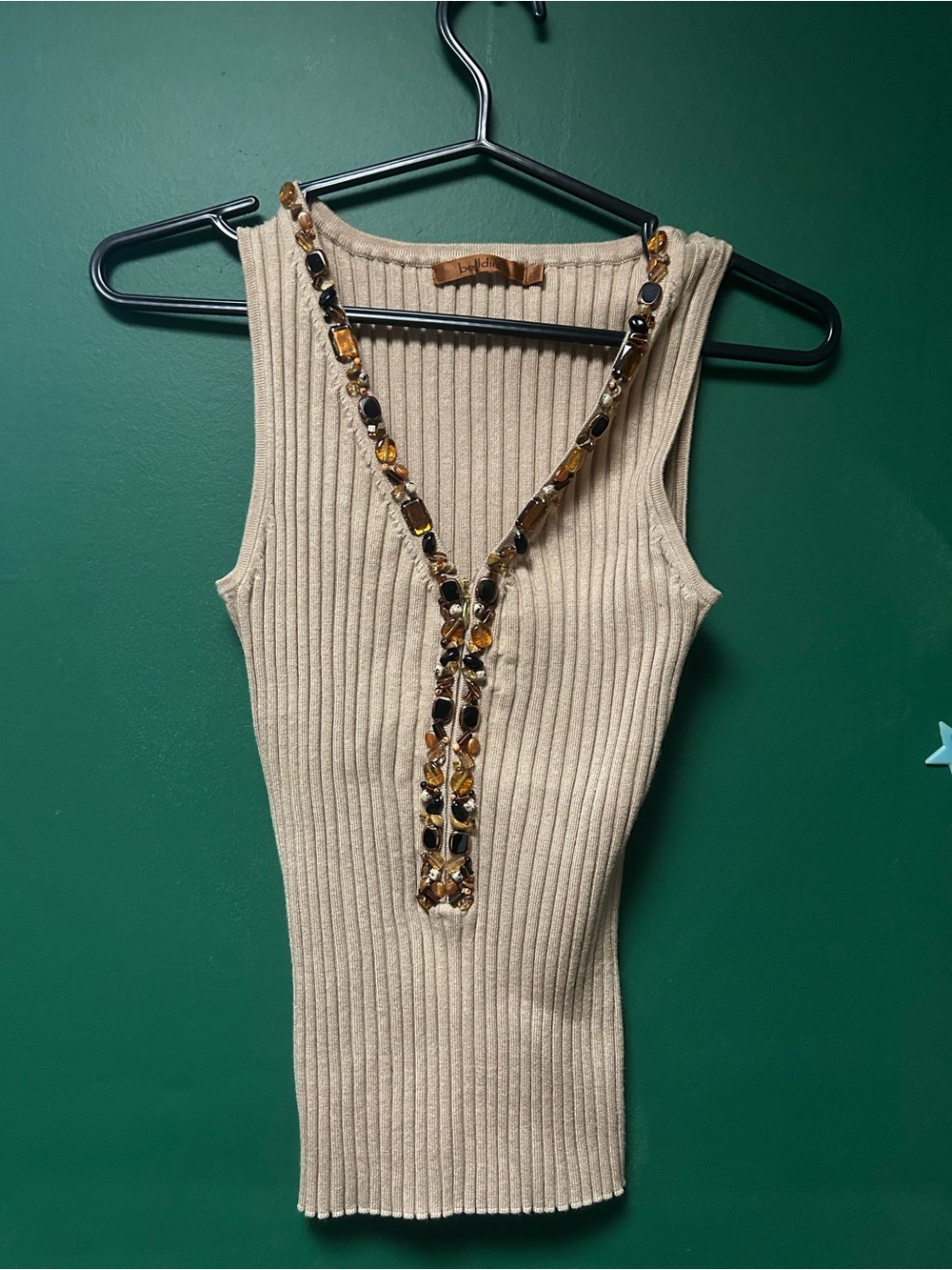 Beaded V-Neck Ribbed Tank Top - Cream